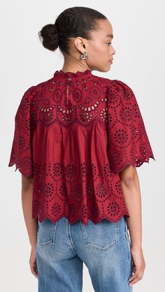 Eyelet Embroidery, Pleated Bodice, Scalloped Edges, Scalloped Edge, Short Sleeve Top, Mock Neck, Short Sleeves Tops, Fabric Weights, Bodice