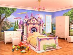 a child's bedroom decorated in pink and purple with princess castle mural on the wall