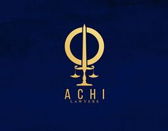 the logo for achi lawyers is shown in gold on a blue background