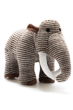 an elephant made out of knitted fabric on a white background with the trunk extended