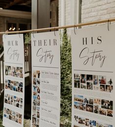 two signs hanging from a clothes line in front of a building with photos on them