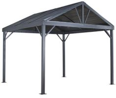 a metal structure with a pitched roof