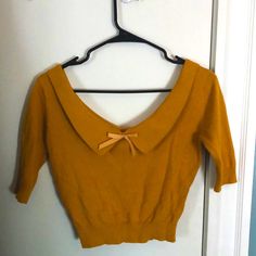 Never Worn Vintage 50's Style Crop Top With Yellow Bow Detail Retro Mustard Tops For Fall, Mustard Retro Tops For Fall, Retro Yellow Top For Fall, Yellow Retro Knit Top, Retro Yellow Fall Top, Fitted Mustard Knit Top, Vintage Mustard Tops For Fall, Early 70s Fashion, 1950s Sweater