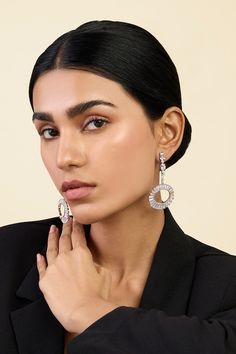 Rhodium plated art deco circle dangler earrings embellished with cubic zirconia stones. - Aza Fashions Art Deco Circle, Diana Penty, Face Drawing Reference, Dangler Earrings, Luxury Sale, Modern Bride, Brass Color, Face Drawing, Aza Fashion