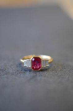 Art Deco Ruby Engagement Ring, Ruby Ring Art Deco, Bezel Set Ruby Engagement Ring, Ruby Bezel Engagement Ring, Ruby Engagement Ring Art Deco, Gold Baguette Cut Ruby Diamond Ring, Art Deco Ruby Ring, Fine Jewelry Ruby Ring With Baguette Cut, Baguette Cut Ruby Ring Fine Jewelry