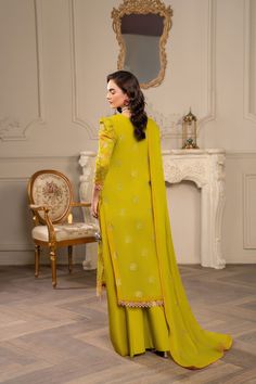 Brand: HemstitchProduct: CLE-02 Parrot GreenCollection: Hemstitch Unstitched Luxury Chiffon CollectionFabric: Chiffon DESCRIPTION: Draped in a yellow green masterpiece , emanates enduring grace, embellished with intricate floral embroidery gracing inch of the outfit . Its elevated by a floral chiffon dupatta enhancing every gaze . PRODUCT DETAILS: Embroidered Chiffon Shirt 2.5 Yard . Embroidered Chiffon Dupatta 2.75 Yard . Plain PK Raw Silk pant . DISCLAIMER:* Lining, Laces, and Tassels are not Silk Pant, Parrot Green, Chiffon Collection, Embroidered Chiffon, Chiffon Dupatta, Silk Pants, Extra Fabric, Chiffon Shirt, Fabric Stores Online