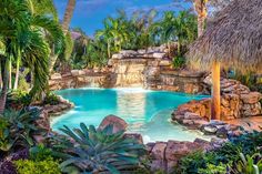 an outdoor pool surrounded by palm trees and rocks