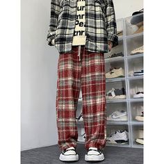 Mens Plaid Wool Wide Leg Casual Pants Fabric: 100%Polyester Size: M, L, XL, 2XL, 3XL, Multiple Color Selections: Black, Red  Season: Spring, Fall, Winter Red Baggy Bottoms For Winter, Red Baggy Pants For Loungewear, Red Straight Sweatpants Casual Style, Red Baggy Pants For Winter, Casual Red Pants For Leisure, Casual Red Winter Bottoms, Red Casual Winter Bottoms, Casual Red Bottoms For Winter, Leisure Red Bottoms With Pockets