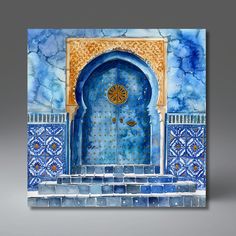 an artistic painting of a blue door and steps with tile on the outside, in front of a gray background