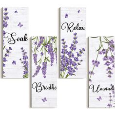 PRICES MAY VARY. Package Include: you will receive a total of 4 pieces of beautifully designed lavender bathroom decors, which can fulfill your decoration needs for the bathroom, and you can also hang them in different places you want Reliable Material: the rustic purple bathroom decors are made of quality wood with metal hooks on the back, sturdy, strong but light, resistant to wear and rust, which are serviceable for you to use; The trustworthy workmanship ensures that there is no burr or odor Gray And Purple Bathroom, Bathroom Flower Decor, Lavender Bathroom Decor, Hanging Lavender, Lavender Bathroom, Bathroom Flowers, Purple Bathroom Decor, Purple Bathroom, Relax Soak Unwind