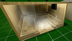 a room that is made out of wood and has green tiles on the floor,