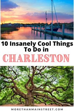 Two images- top is a sailboat in the waterfront at sunset and the bottom is the angel oak tree in Charleston South Carolina. Things To Do In Clemson Sc, What To Do In Charleston Sc, Charleston South Carolina Aesthetic, Charleston Itinerary, Nye 2025, Traveling Board, Charleston Historic District, Charleston Travel Guide, Downtown Charleston Sc