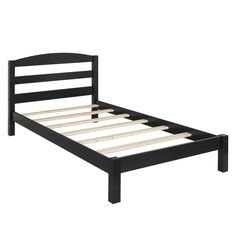 a black bed frame with wooden slats