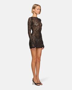 The Lombardi Dress – this delicate long sleeve mini dress is a spin off of an EB favorite, the Lombardi Top. This style is designed with a classic crew neckline, fitted silhouette, and the iconic glove sleeve detail, the perfect blend of cool and chic. Cut from premium stretch lace fabric, this ultra-comfortable style is sure to be your new favorite. This style fits true to size. More Details Fabric: 95% Nylon, 5% Elastane Made in the United States with imported materials. Model wears a size S. Stretch Lace Fabric, Comfortable Style, Fitted Silhouette, Long Sleeve Mini, Sierra Leone, Live In The Now, Stretch Lace, Sleeve Detail, Long Sleeve Mini Dress