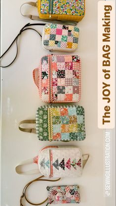 four purses lined up on top of each other with the words, the joy of bag making