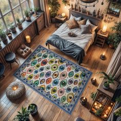 a bedroom with wooden floors and lots of plants on the floor, including potted plants