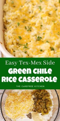 green chile rice casserole in a white dish with cheese and parsley on top