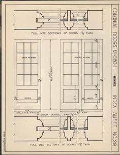 an old architectural drawing shows different sections of doors and windows, with measurements for each section