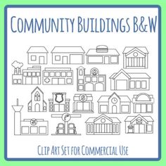 community buildings b & w clip art set for commercial use