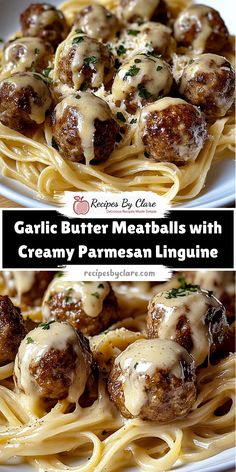 two plates with meatballs and creamy parmesan linguine