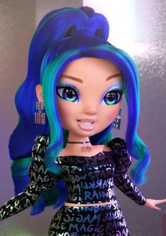 a doll with blue hair and green eyes