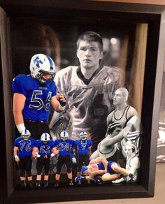 a framed photo of a football player with his team in uniform and the number five