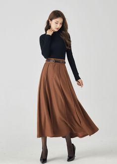 Yellow Skirt Outfit Winter, Chic Brown Full Skirt, Brown Full-length Skirt For Spring, Brown Midi Skirt Outfit, Brown Skirt Outfit Ideas, Long Brown Skirt Outfit, Brown Full-length Maxi Skirt For Fall, Brown Maxi Skirt Outfit, Brown A-line Winter Skirt