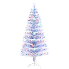 a white christmas tree with multicolored lights on it's base and stand