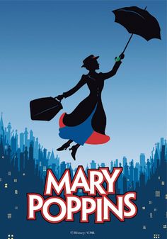 mary poppin's movie poster with an umbrella flying in the air over a city