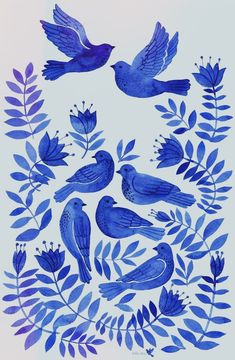 blue birds and leaves on a white background