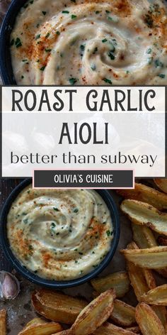 roasted garlic aioli in a blue bowl next to some fries