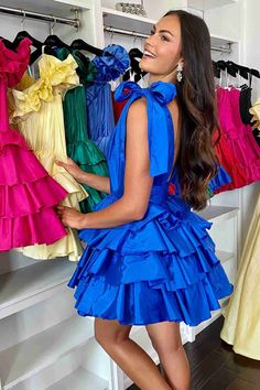 Elevate your style with our Plunging Neck Blue Bow Sleeves Tiered Short Homecoming Dress. The plunging neckline and bow sleeves create a bold, feminine look, while the pleated bodice and ruffle a-line skirt add dimension and movement. Look stunning and feel confident in this must-have dress. ♡ SKU: FV12852 ♡ Fabric: Taffeta ♡ Silhouette: A-Line ♡ Back Style: Zipper ♡ Embellishment: Ruffles ♡ Length: Above Knee ♡ Fully lined & Built with bra ♡ Size: US 2-16. True to the size chart. Check our Size V-neck Ruffle Mini Dress For Prom, Royal Blue A-line Mini Dress For Spring, Feather Homecoming Dress, Royal Blue A-line Mini Dress, Light Blue Ruffled V-neck Mini Dress, Bow Sleeves, Blue A-line Mini Dress With Ruffle Hem, Homecoming Dresses Tight, School Dance Dresses