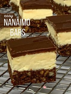 easy no bake dessert bars with chocolate and vanilla frosting on a cooling rack