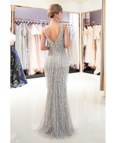 Buy Fitted Grey Mermaid V Neck Prom Dress Sleeveless With Tassels at affordable price online. Free shipping and pro custom service since 2009. Dress With Tassels, Silver Evening Dress, Beaded Party Dress, Maxi Dress Summer, Sequin Evening Gowns, V Neck Prom Dresses, Tulle Evening Dress, Prom Dresses Sleeveless, Sequin Prom Dresses