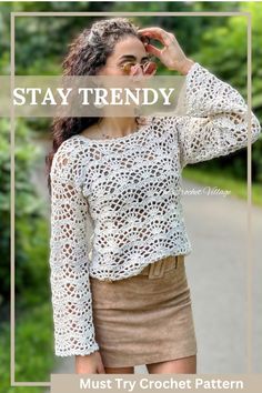 a woman wearing a white top and brown skirt with the words stay trendy on it