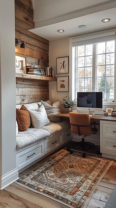 Sunroom Office Ideas Small Spaces Cozy, Home Office Library Ideas Cozy, Small Office Set Up, Work Room Ideas Office Decor, Sunroom Study, Desk Under Window, Small Study Room Ideas, Office Area In Living Room, Farmhouse Office Ideas