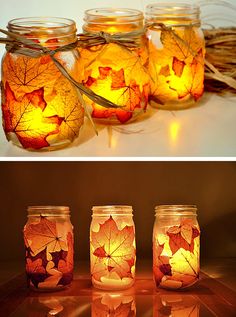 four mason jars filled with autumn leaves are shown in three different angles, one is lit and the other has candles