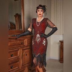 Beautiful Dark Red Dress, With Intricate Beading Red Gatsby Evening Dress, Red Fitted Flapper Dress For Evening, Elegant Red Flapper Dress For Evening, Fitted Red Flapper Dress For Evening, Red 1920s Dress, Fitted Red Flapper Dress For Parties, Elegant Red Flapper Evening Dress, Red Fitted Flapper Dress For Parties, Red Flapper Dress 1920s