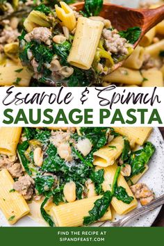 sausage and spinach pasta in a white bowl with a wooden spoon on the side