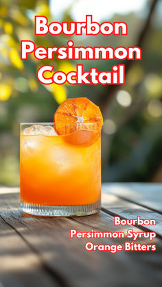 Bourbon Persimmon Cocktail Orange Bitters Cocktails, Persimmon Cocktail, Autumn Cocktails, Bourbon Eggnog, Cocktail Cards, Seasonal Cocktails, Orange Bitters, Citrus Cocktails, Cocktail Drinks Alcoholic