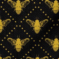 yellow bees on black and white polka dot fabric by the yard, available for up to two yards