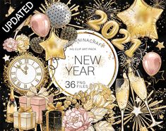 new year's eve party flyer with gold balloons, gifts and stars in the background