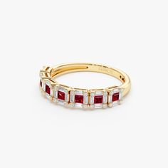 Made to Order
 Gold Kt: 14K (also available in 18K)
 Available Gold Color: Rose Gold, Yellow Gold, White Gold
 Width: 3.8 MM
 Height: 2.25 MM
 Baguette Diamond: 28 Pc 2 x 1 MM
 Round Diamond: 28 Pcs 0.90 MM
 Square Ruby: 7 Pc 2 x 2 MM
 Diamond Carat Weight: 0.35 ctw
 Ruby Carat Weight: 0.45 ctw
 Diamond Color-Clarity: G Color VS/SI Clarity Elegant Ruby Ring With Baguette Diamonds For Formal Occasions, Elegant Ruby Ring With Baguette Diamonds For Formal Events, Elegant Ruby Ring With Baguette Diamonds In Yellow Gold, Elegant Yellow Gold Ruby Ring With Baguette Diamonds, Formal Ruby Ring With Baguette Diamonds, Gold Ruby Ring With Baguette Diamonds For Anniversary, Anniversary Yellow Gold Ruby Ring With Baguette Diamonds, Baguette Cut Ruby Ring With Baguette Diamonds For Wedding, Elegant Ruby Ring With Baguette Diamonds