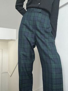 "Green and blue classic plaid wool trousers by Pendleton Lined, well constructed, wide, slightly tapered leg, no pockets or belt loops Sleek, minimal drape and silhouette Condition: excellent Material: wool Care: dry clean Size: US womens 14 Fits an 8-12 depending on desired fit Model is 5'9\" and wears a modern 8 in pants Measurements Waist: 32 in Hips: 42 in Rise: 14 in Length: 43 in" Classic Plaid Pants For Workwear, Classic Plaid Business Casual Pants, Classic Plaid Pants For Business Casual, Plaid Wide Leg Formal Pants, Formal Plaid Wide Leg Bottoms, Formal Plaid Wide Leg Pants, Plaid Wide Leg Pants For Formal Occasions, Formal Wide Leg Plaid Pants, Classic Plaid Bottoms With Welt Pockets