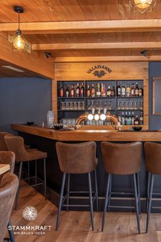 an empty bar with several stools in front of it