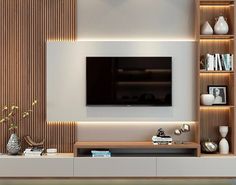 a modern living room with white and wood accents on the wall, television set and shelves