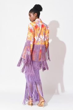 Orange and lavender crop top with floral print. Paired with floral printed jacket with fringe detailing and ruched skirt detailed with fringes on hem. - Aza Fashions Lavender Crop Top, Embellished Skirt, Printed Jacket, Women Skirt, Ruched Skirt, Skirt Sets, Set Women, Full Sleeves, Floral Printed