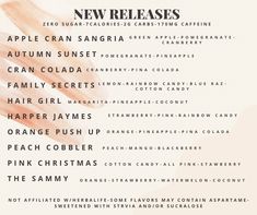 the menu for new releases is shown in orange and pink colors, including apple cranberries