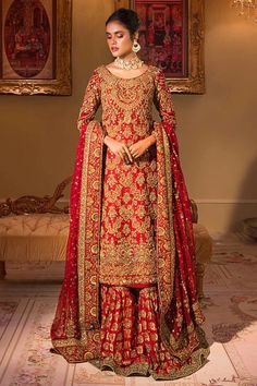 Gold Red Long Kameez Lehenga Pakistani Bridal Dresses Pakistani Pishwas, Long Kameez, Lehenga Pakistani, Kameez Lehenga, Frock Style, Raw Silk Fabric, Pakistani Wedding Dress, Pakistani Fashion Party Wear, Shocking Pink