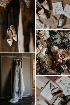 the wedding dress and shoes are on display